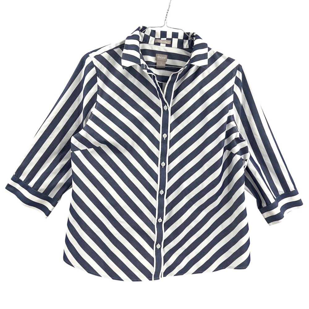 Chicos Blue White Shirt Chevron Wide Stripe No‎ Iron Stain Shield Button Up 2 L